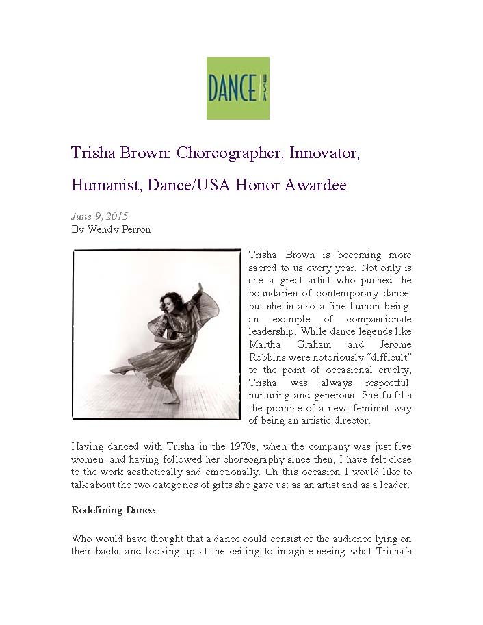 Trisha Brown: Choreographer, Innovator, Humanist, Dance/USA Honor Awardee
